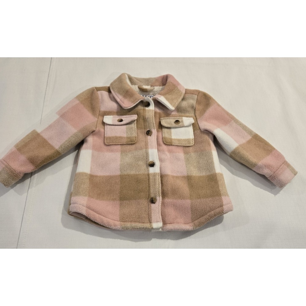Old Navy Soft Sherpa-Lined Plaid Pink Tan White Jacket for Toddler Girls Size 3T